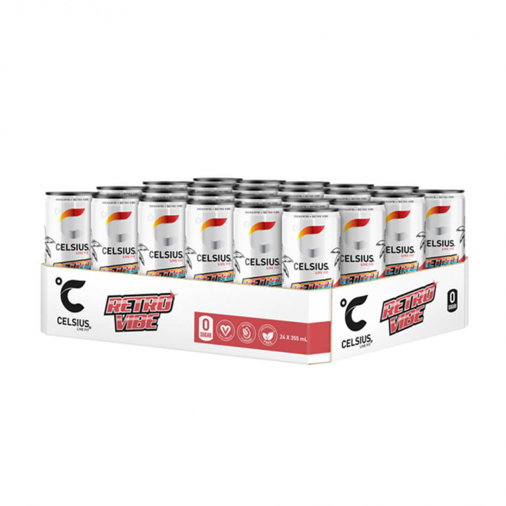 24 x Celsius, 355 ml (Retro Vibe) i gruppen Shoppa efter Tema / Glutenfria Kosttillskott hos Tillskottsbolaget (CELSIUS65732)