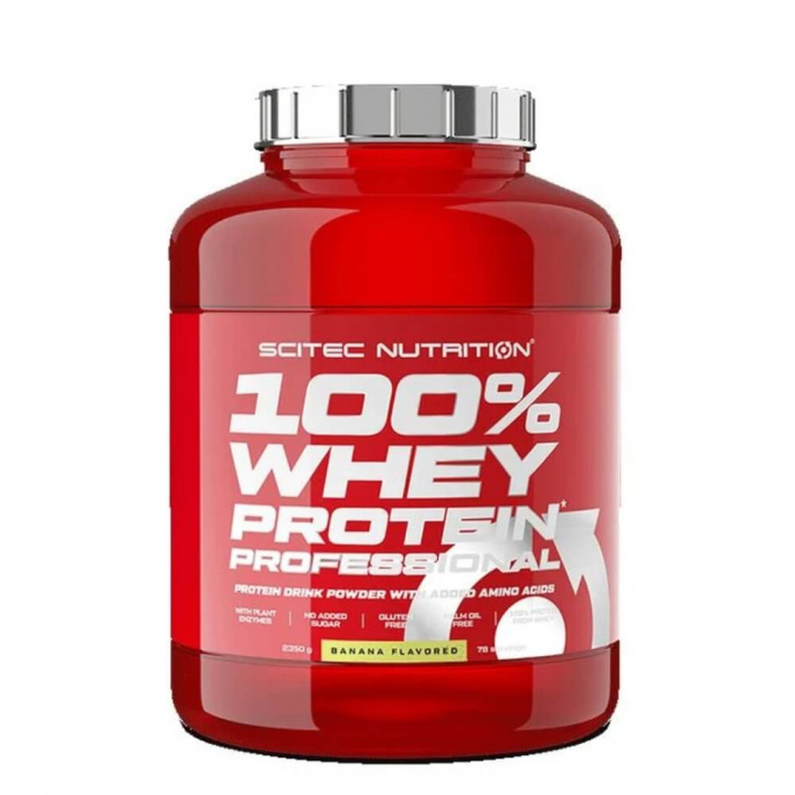 Scitec 100% Whey Protein Professional, 2350 g (Banana) i gruppen Kosttillskott & Livsmedel / Proteinpulver / Vassleprotein / Whey protein hos Tillskottsbolaget (SCITEC0020wkemfTBCS)
