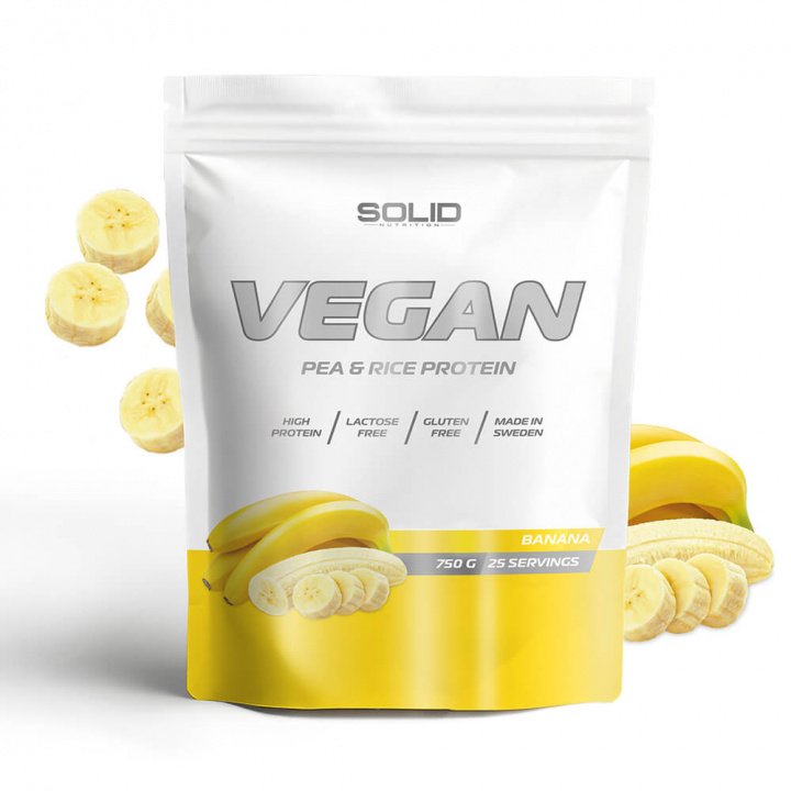 SOLID Nutrition Vegan, 750 g (Banana) i gruppen Kosttillskott & Livsmedel / Proteinpulver / Isolatprotein hos Tillskottsbolaget (SOLID657433-13)
