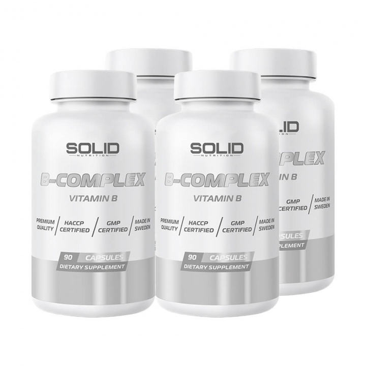 4 x SOLID Nutrition B-Complex, 90 caps i gruppen Kosttillskott & Livsmedel / Vitaminer / B-vitamin hos Tillskottsbolaget (SOLID76422)