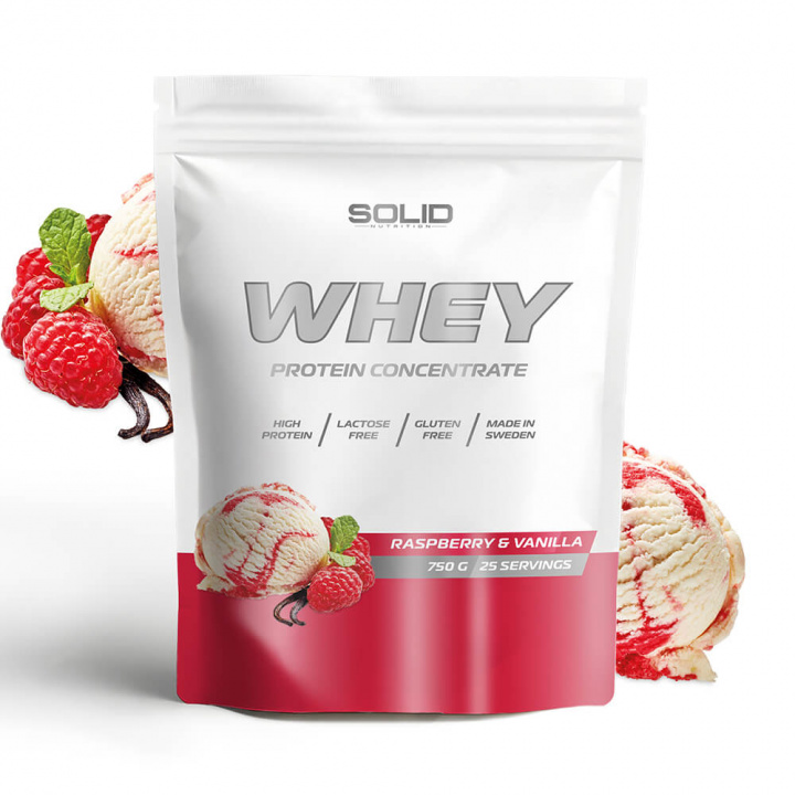 SOLID Nutrition Whey, 750 g (Raspberry & Vanilla) i gruppen Kosttillskott & Livsmedel / Proteinpulver / Vassleprotein / Whey protein hos Tillskottsbolaget (SOLIDWHEY-14)
