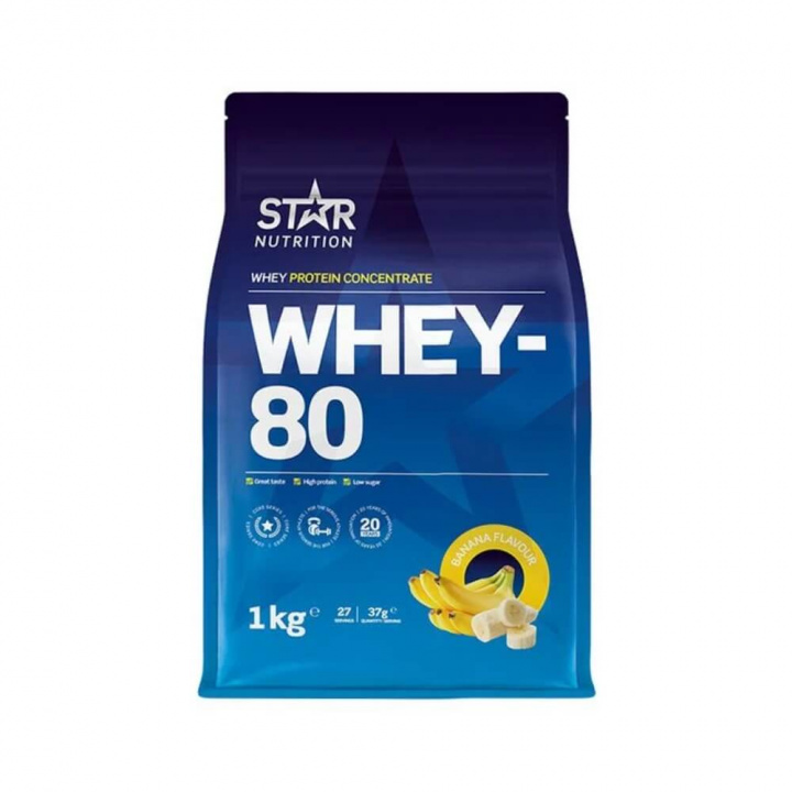 Star Nutrition Whey-80, 1 kg (Banan) i gruppen Kosttillskott & Livsmedel / Proteinpulver / Vassleprotein / Whey protein hos Tillskottsbolaget (STAR001-12)
