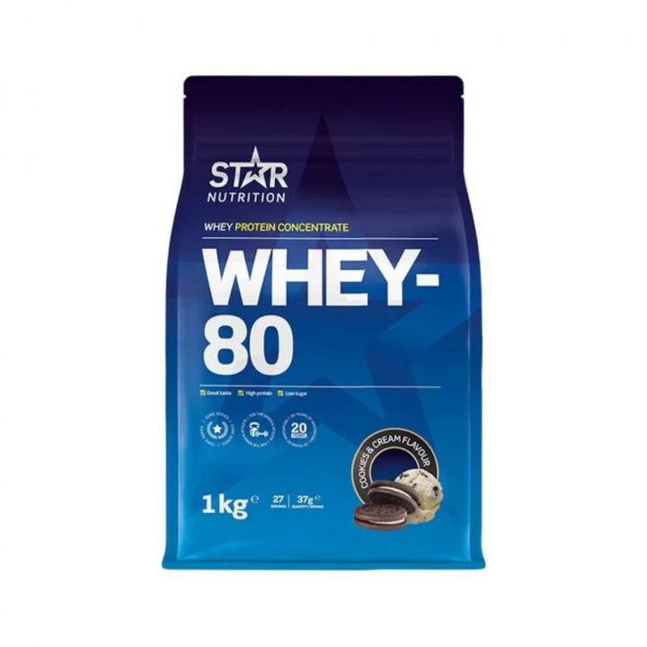 Star Nutrition Whey-80, 1 kg (Cookies & Cream) i gruppen Kosttillskott & Livsmedel / Proteinpulver / Vassleprotein / Whey protein hos Tillskottsbolaget (STAR001-15)