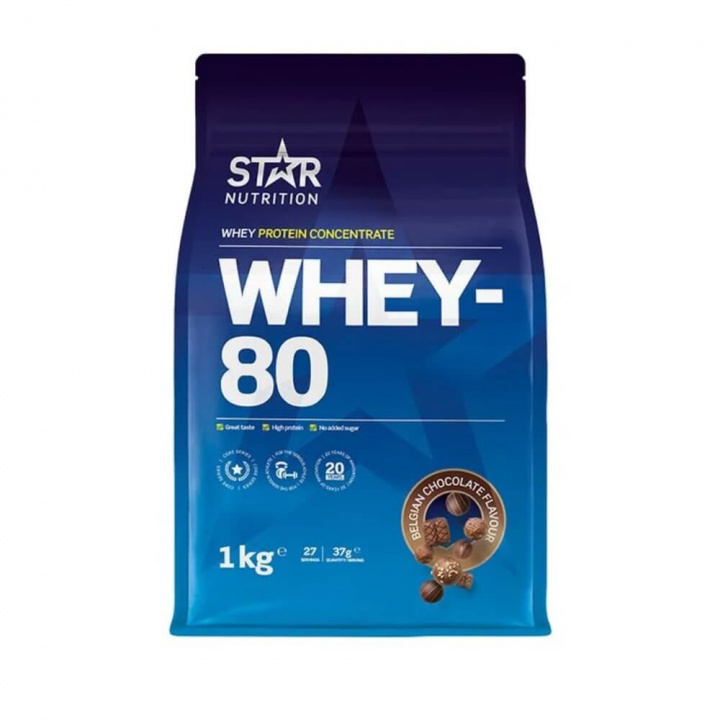 Star Nutrition Whey-80, 1 kg (Belgian Chocolate) i gruppen Kosttillskott & Livsmedel / Proteinpulver / Vassleprotein / Whey protein hos Tillskottsbolaget (STAR001-24)