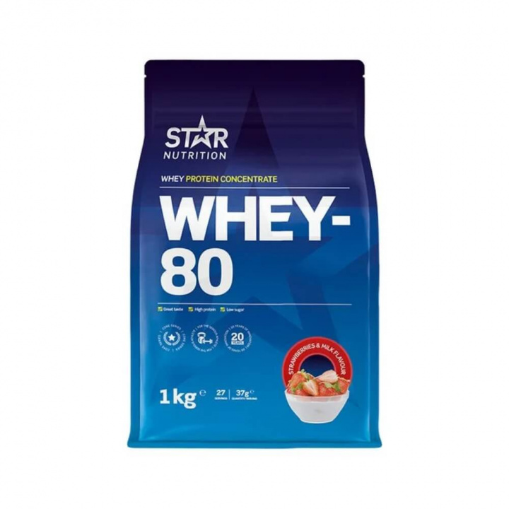 Star Nutrition Whey-80, 1 kg (Strawberries and Milk) i gruppen Kosttillskott & Livsmedel / Proteinpulver / Vassleprotein / Whey protein hos Tillskottsbolaget (STAR001-5)
