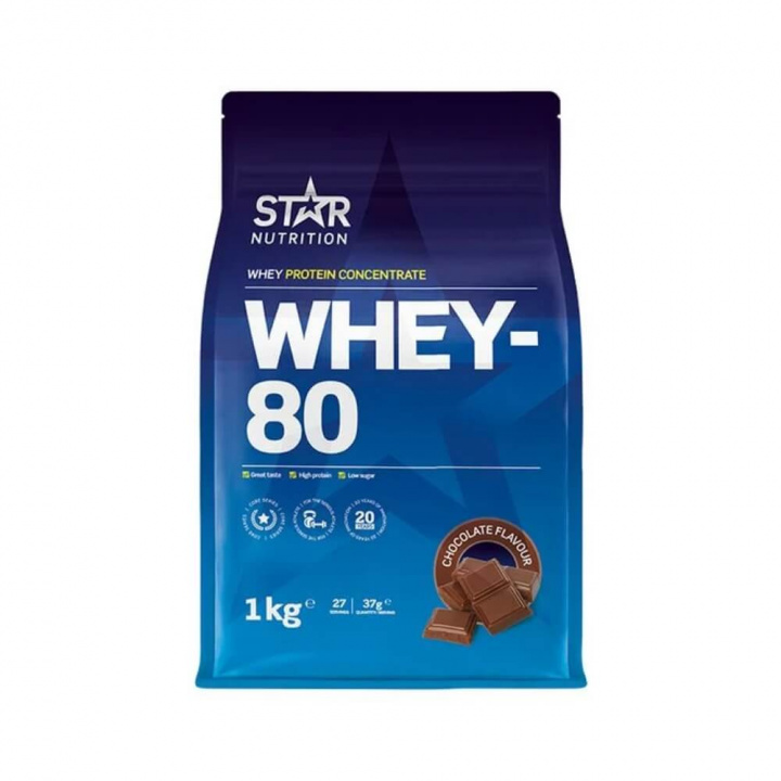 Star Nutrition Whey-80, 1 kg (Choklad) i gruppen Kosttillskott & Livsmedel / Proteinpulver / Vassleprotein / Whey protein hos Tillskottsbolaget (STAR001-6)