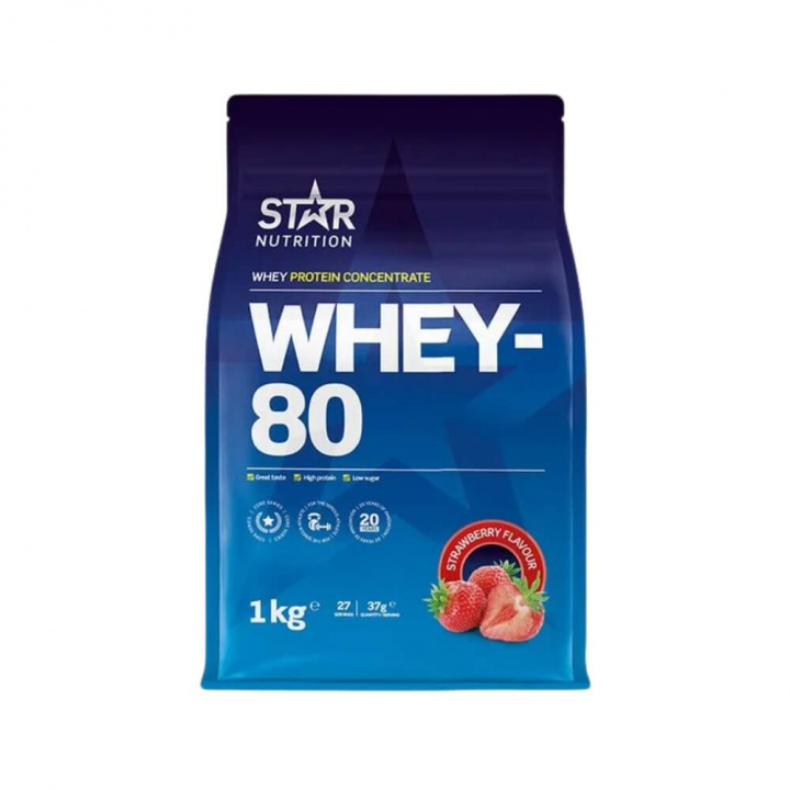 Star Nutrition Whey-80, 1 kg (Jordgubb) i gruppen Kosttillskott & Livsmedel / Proteinpulver / Vassleprotein / Whey protein hos Tillskottsbolaget (STAR001-7)