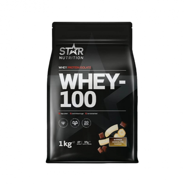Star Nutrition Whey-100, 1 kg (Banana Chocolate) i gruppen Kosttillskott & Livsmedel / Proteinpulver / Isolatprotein hos Tillskottsbolaget (STAR002-12)