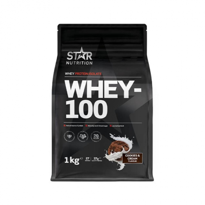 Star Nutrition Whey-100, 1 kg (Cookies & Cream) i gruppen Kosttillskott & Livsmedel / Proteinpulver / Isolatprotein hos Tillskottsbolaget (STAR002-7)