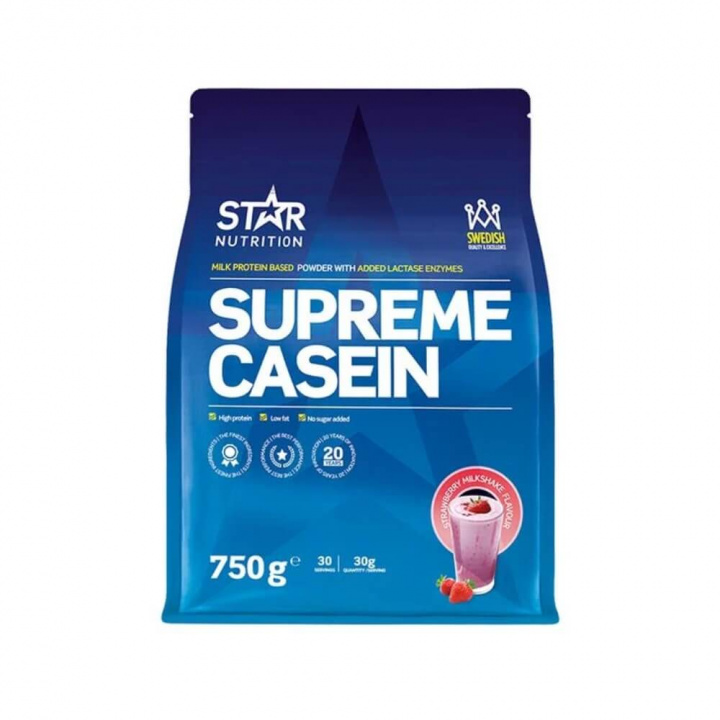 Star Nutrition Supreme Casein, 750 g (Strawberry Milkshake) i gruppen Kosttillskott & Livsmedel / Proteinpulver / Kaseinprotein hos Tillskottsbolaget (STAR004-6)