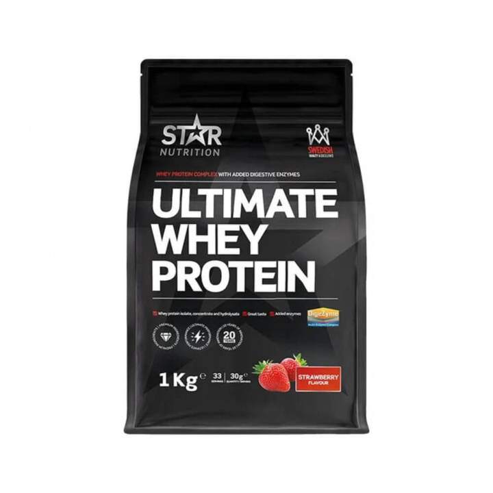 Star Nutrition Ultimate Whey Protein, 1 kg (Strawberry) i gruppen Kosttillskott & Livsmedel / Proteinpulver / Vassleprotein / Whey protein hos Tillskottsbolaget (STAR023-2)