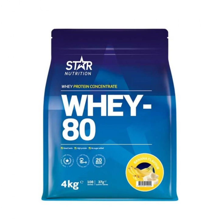 Star Nutrition Whey-80, 4 kg (Banan) i gruppen Kosttillskott & Livsmedel / Proteinpulver / Vassleprotein / Whey protein hos Tillskottsbolaget (STAR8422-10)