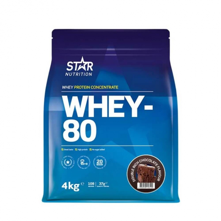 Star Nutrition Whey-80, 4 kg (Double Rich Chocolate) i gruppen Kosttillskott & Livsmedel / Proteinpulver / Vassleprotein / Whey protein hos Tillskottsbolaget (STAR8422-5)
